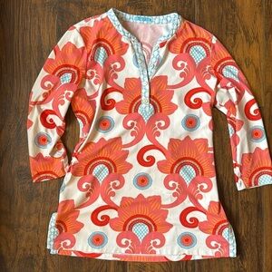 J. McLaughlin Coral Pink Blue Floral Tunic Top - M (D7)